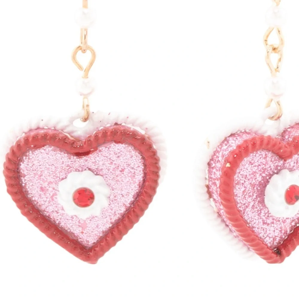 Betsey Johnson Pink valentine Heart Earrings with Glitter Bows